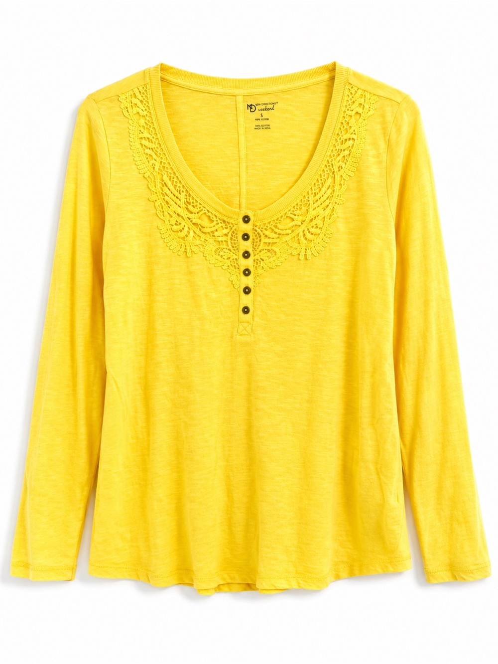 Crochet Lace Henley Top Yellow Long Sleeve Boho Blouse Size S